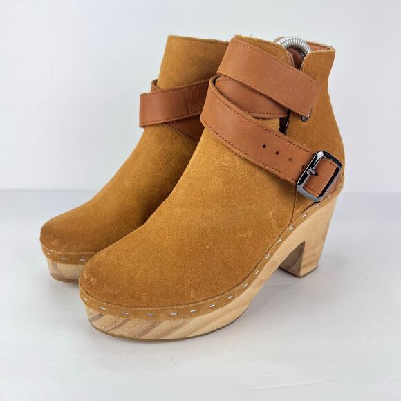 Free People Bungalow Sand Brown Suede Strappy Wooden Clog Boots Shoes 36 5.5-6 - Picture 1 of 10